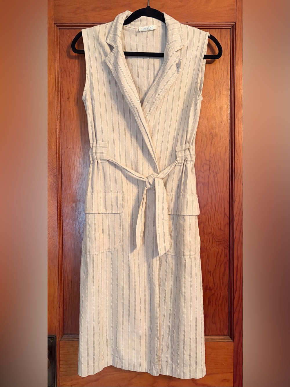 Sleeveless Tie-Waist Linen Blend Dress in Natural Stripe